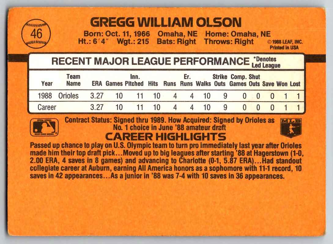 1989 Donruss Gregg Olson #46 card back image