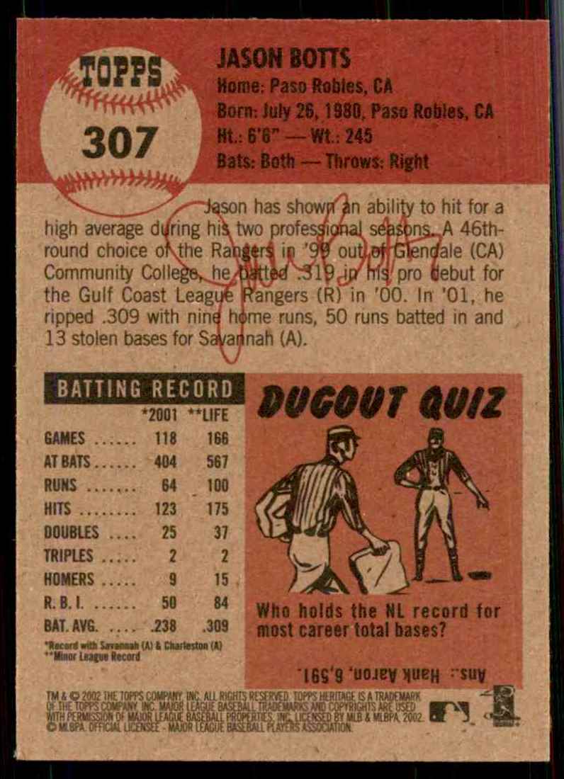 2002 Topps Heritage Jason Botts RC #307 card back image
