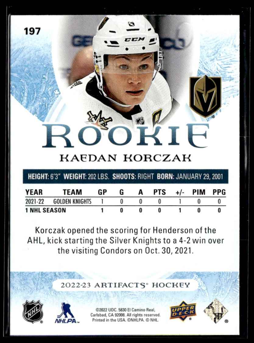 2022-23 Upper Deck Artifacts Kaedan Korczak #197 card back image