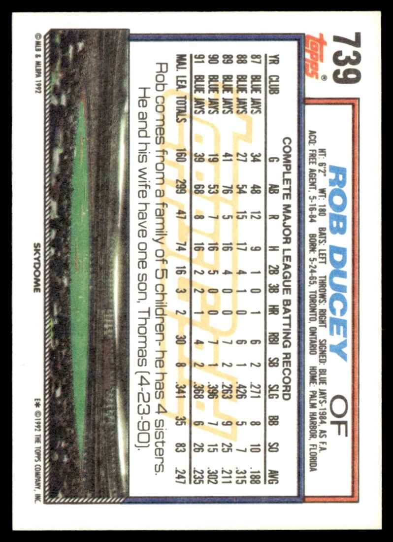 1992 Topps Gold Rob Ducey #739 card back image