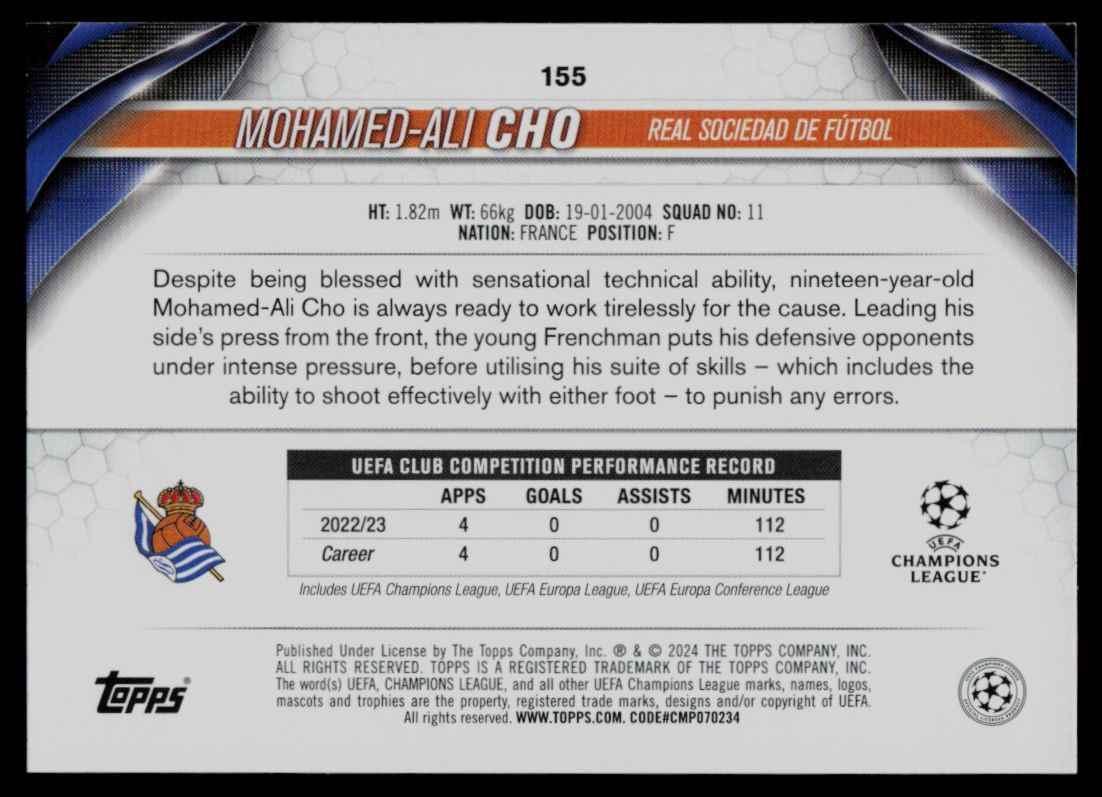 2023 Topps UEFA Club Competitions Mohamed-Ali Cho #155 card back image