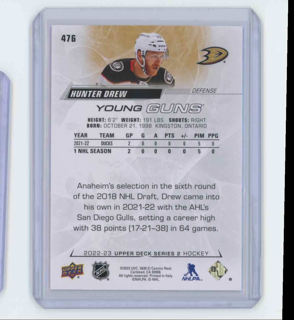 2022-23 Upper Deck Young Guns Hunter Drew #476 card back image