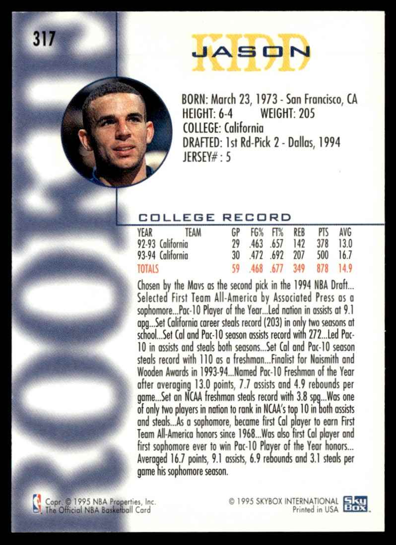 1994-95 Hoops Jason Kidd #317 card back image