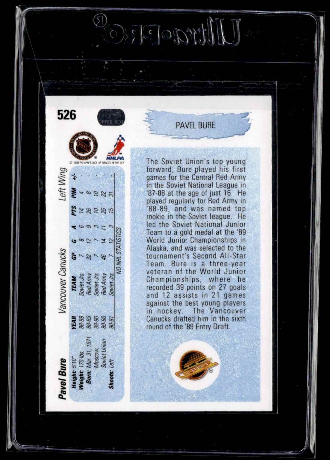 1990-91 Upper Deck Pavel Bure #526 card back image