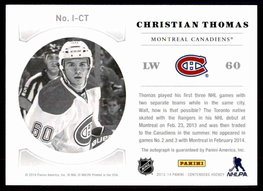 2013-14 Panini Contenders NHL Ink Christian Thomas #I-CT card back image