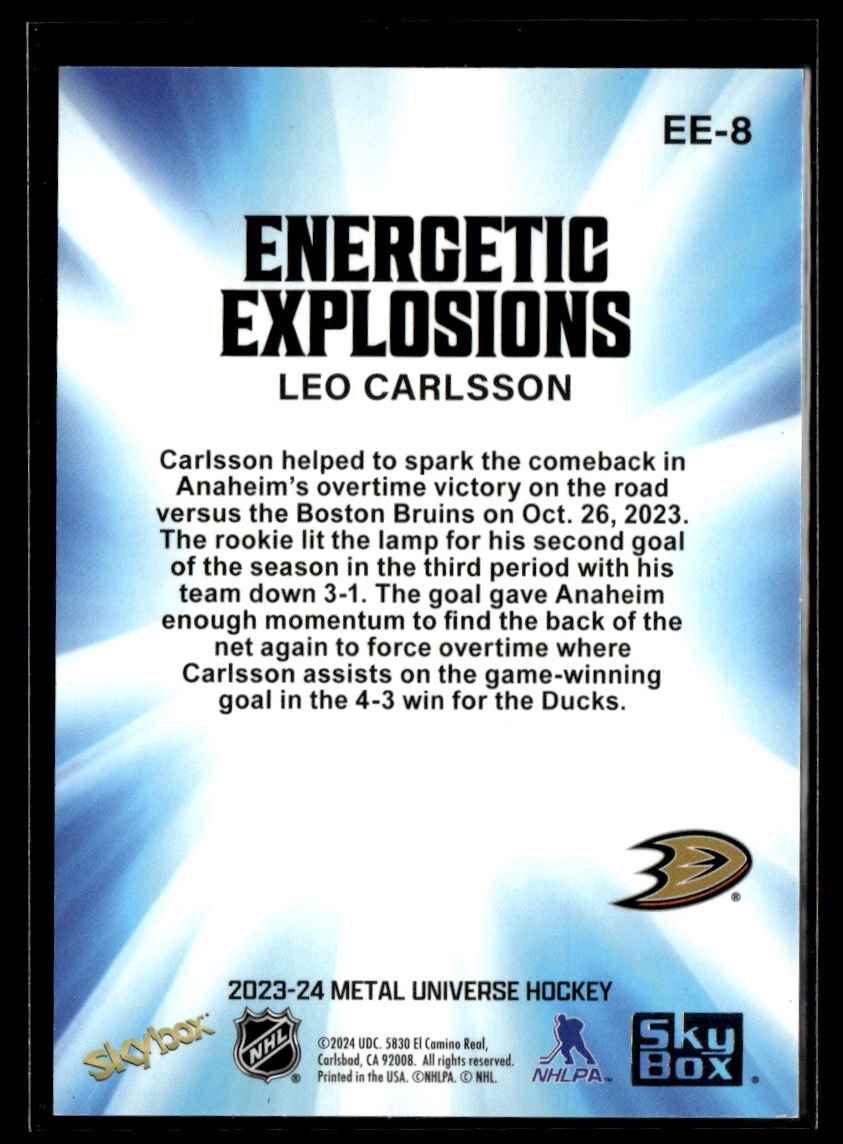 2023-24 SkyBox Metal Universe Energetic Explosions Leo Carlsson #EE-8 card back image