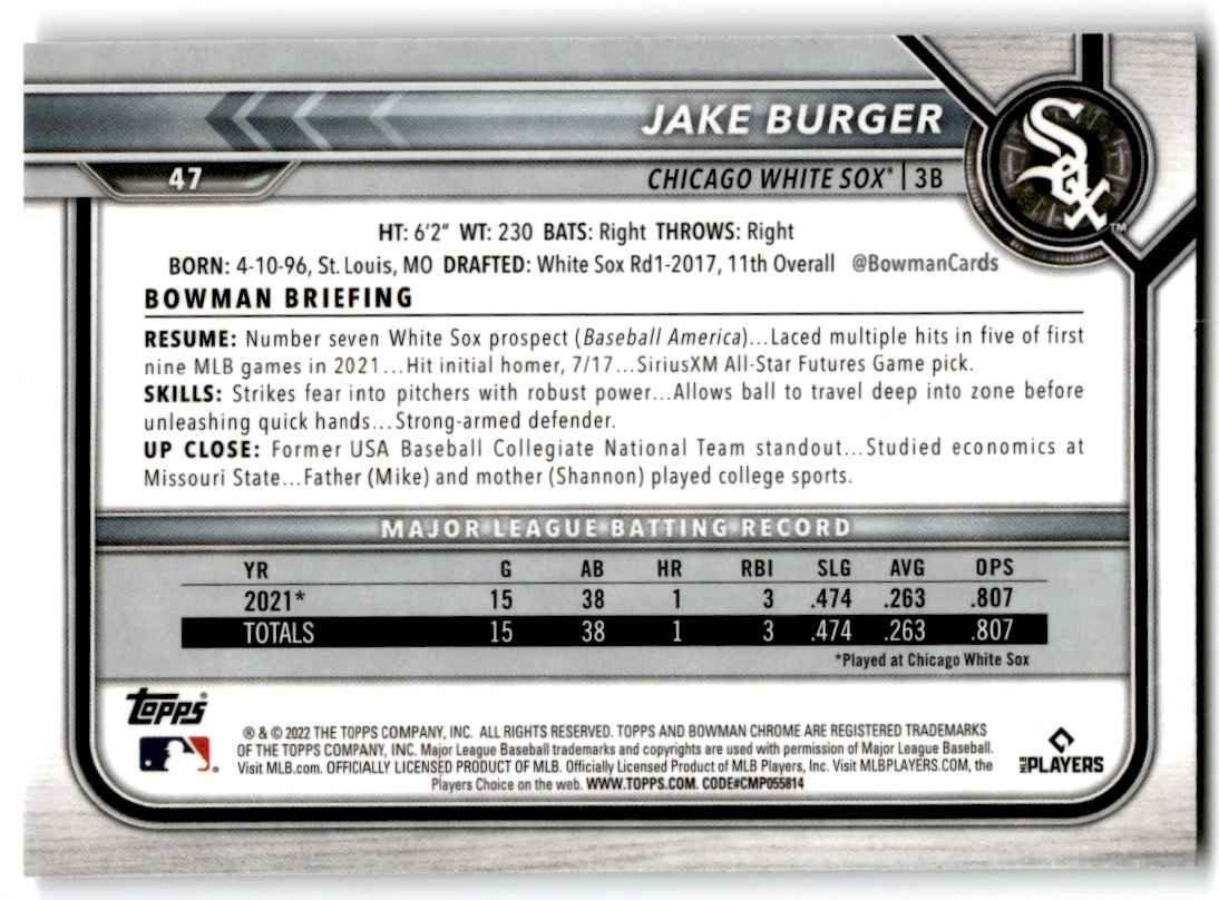 2022 Bowman Chrome Jake Burger #47 card back image