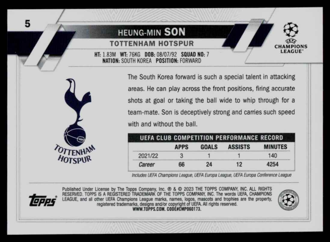 2023 Topps Chrome UEFA Club Competitions Heung-Min Son #5 card back image