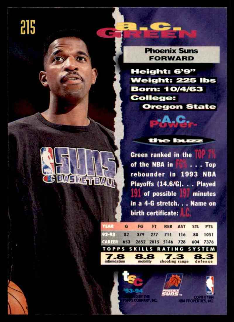 1993-94 Stadium Club A.C. Green #215 card back image