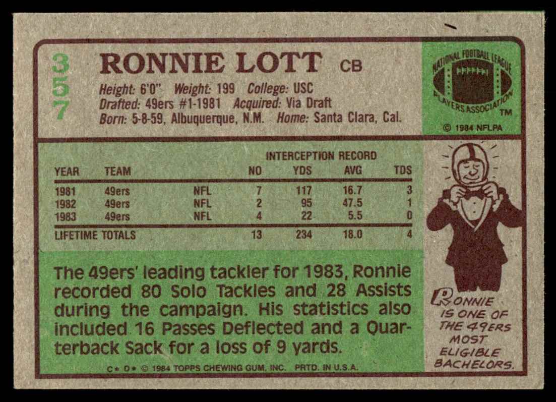 1984 Topps Ronnie Lott #357 card back image