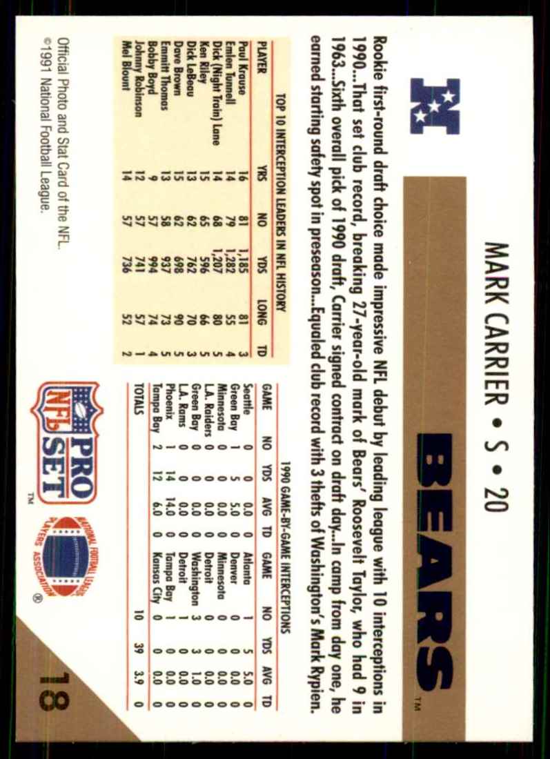 1991 Pro Set Mark Carrier Db/Nfl Interception/Leader #18 card back image