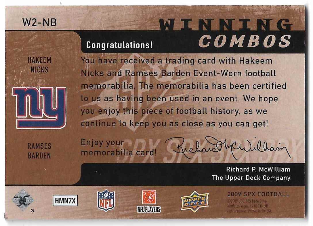2009 SPx Winning Combos Gold Hakeem Nicks/Ramses Barden #W2-NB card back image