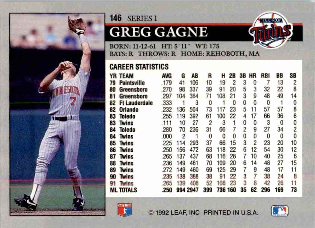 1992 Leaf Series 1 You Tube 15 Greg Gagne #146 card back image