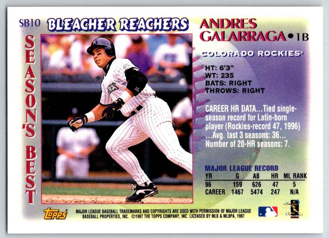 1997 Topps Season's Best Andres Galarraga #SB10 card back image