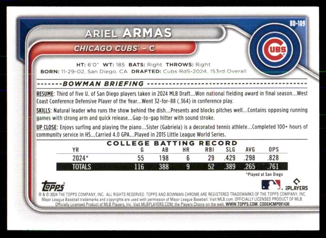 2024 Bowman Draft Ariel Armas #BD-109 card back image