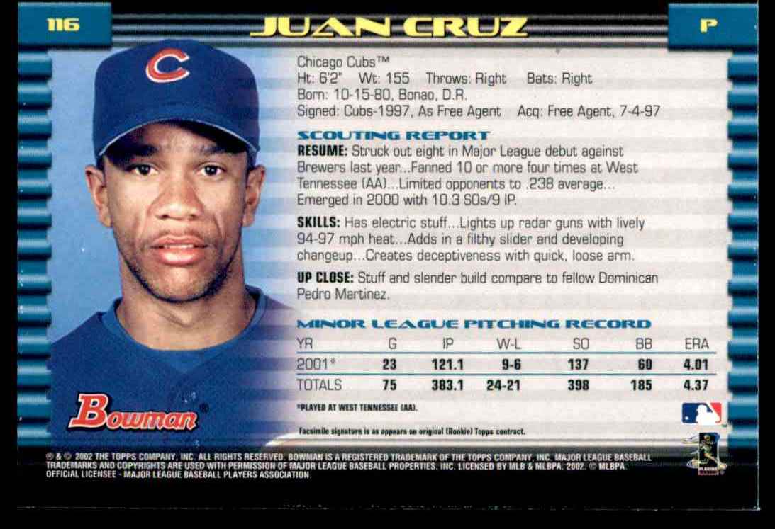 2002 Bowman Bowman Juan Cruz #116 card back image