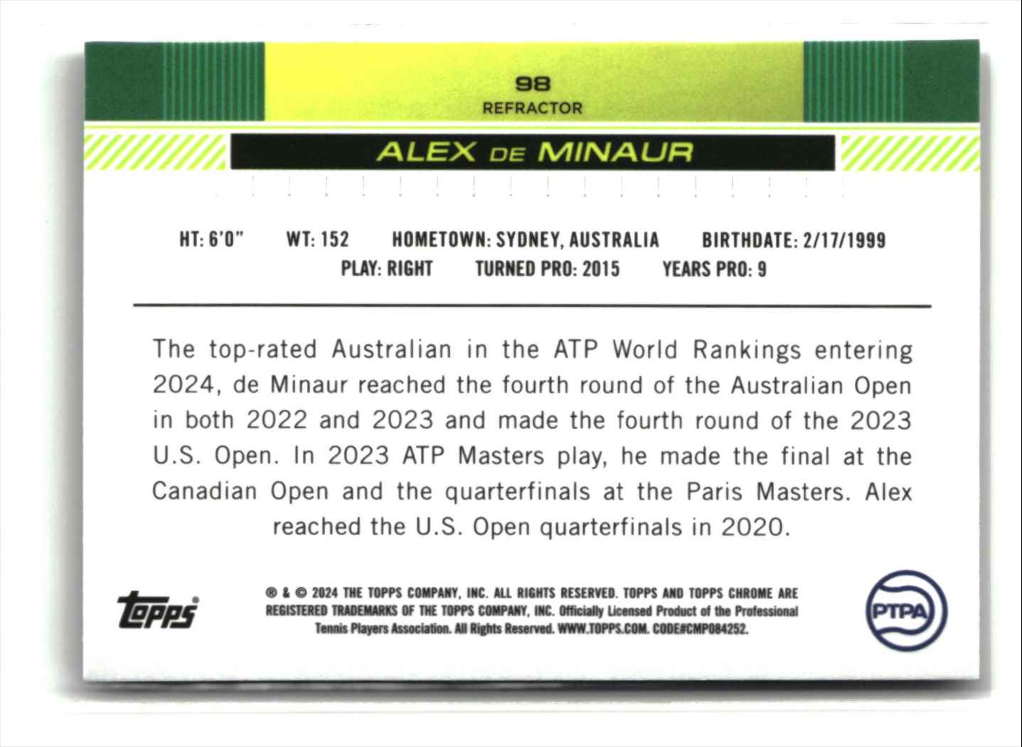 2024 Topps Chrome Refractor ALEX DE MINAUR #98 card back image