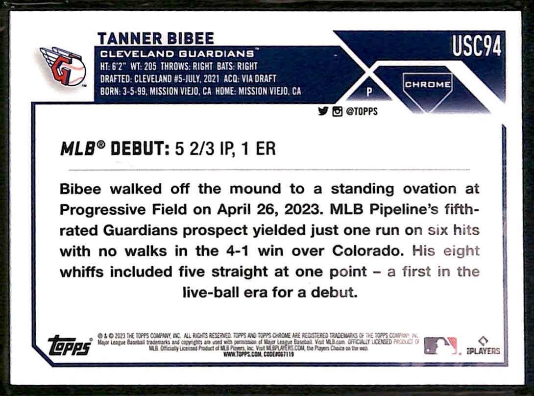 2023 Topps Chrome Update Tanner Bibee #USC94 card back image