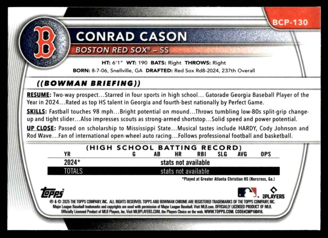 2025 Bowman Chrome Prospects Reptillian Refractor Conrad Cason #BCP-130 card back image