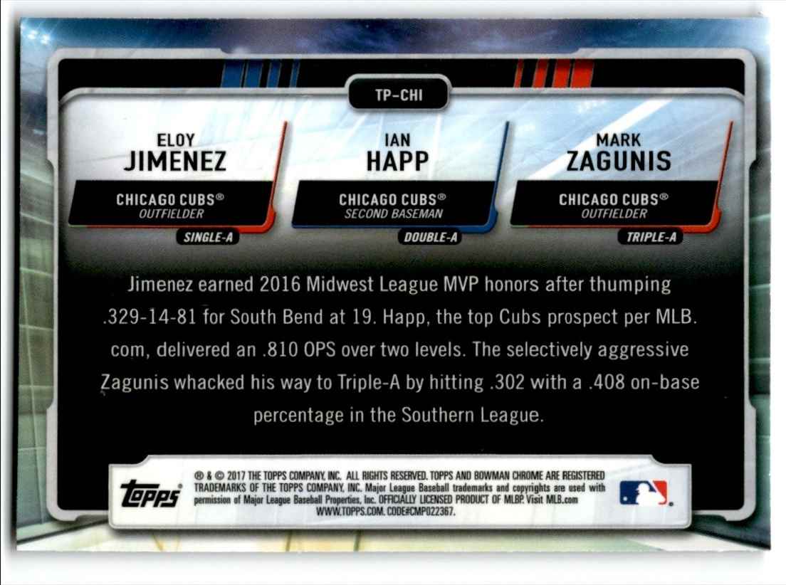 2017 Bowman Talent Pipeline Eloy Jimenez/Ian Happ/Mark Zagunis #TP-CHI card back image