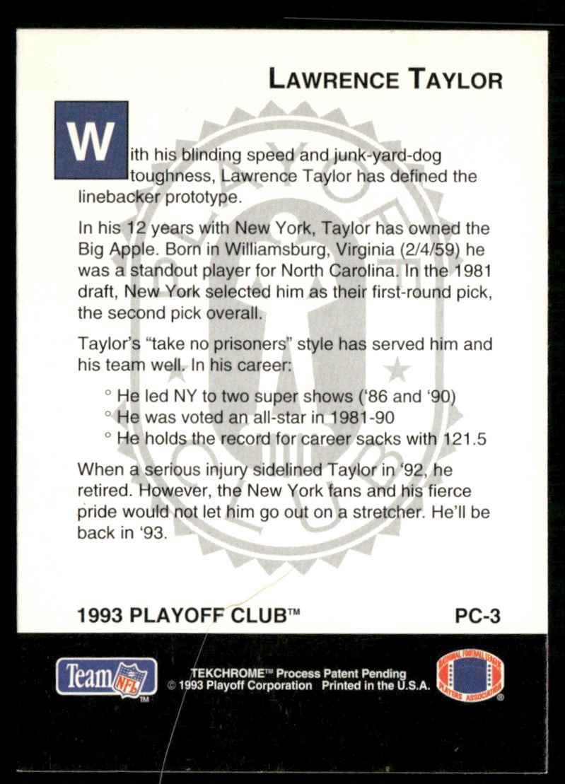 1993 Playoff Club Lawrence Taylor #PC-3 card back image