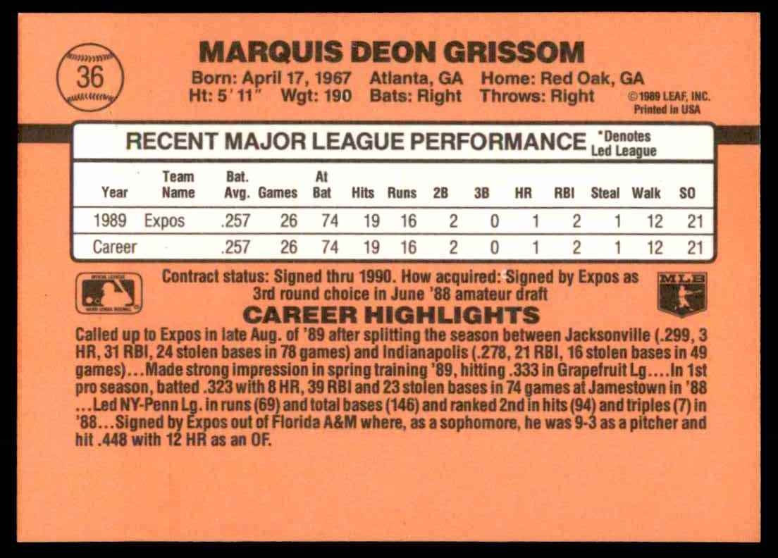 1990 Donruss Marquis Grissom #36 card back image