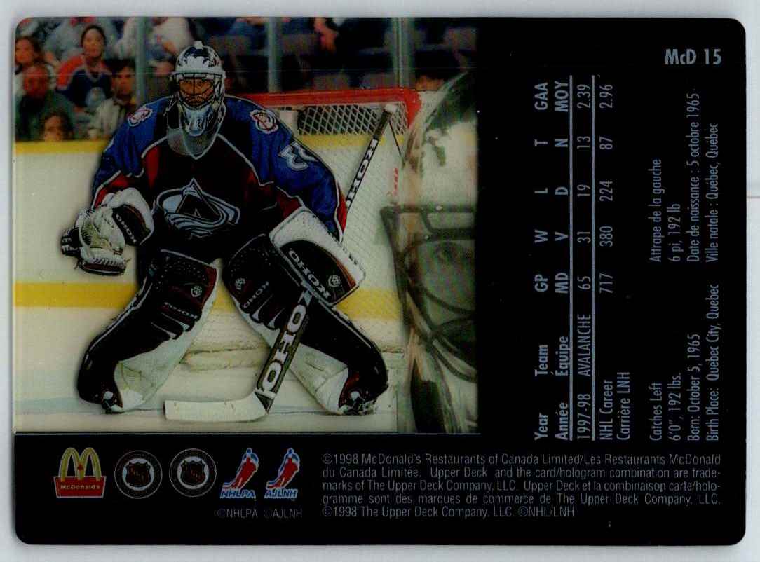 1998-99 Upper Deck McDonald's Patrick Roy #MCD15 card back image