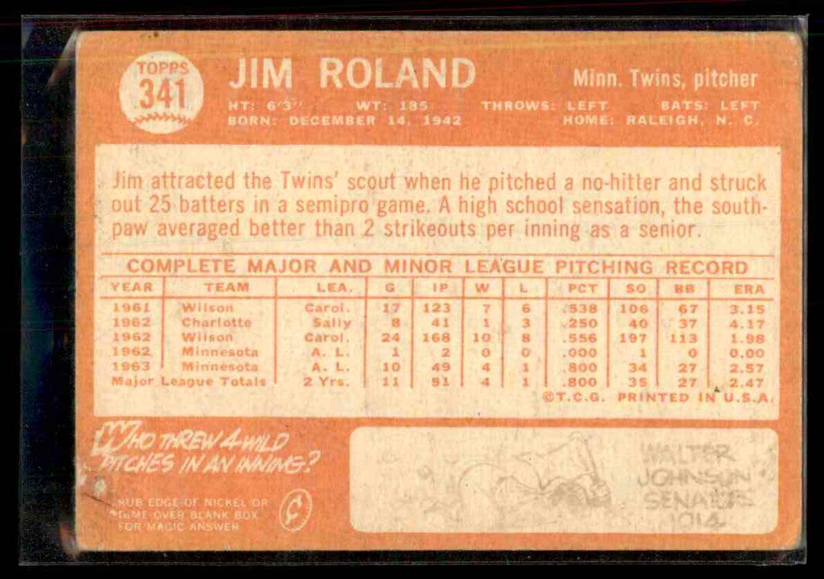 1964 Topps Jim Roland #341 card back image