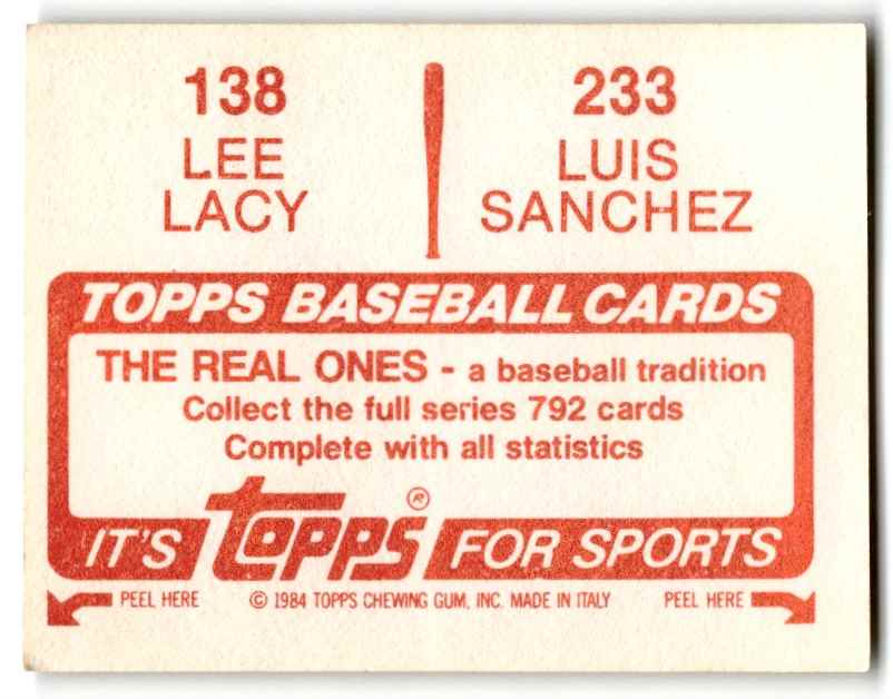 1984 Topps Stickers Lee Lacy/Luis Sanchez #138 / 233 card back image