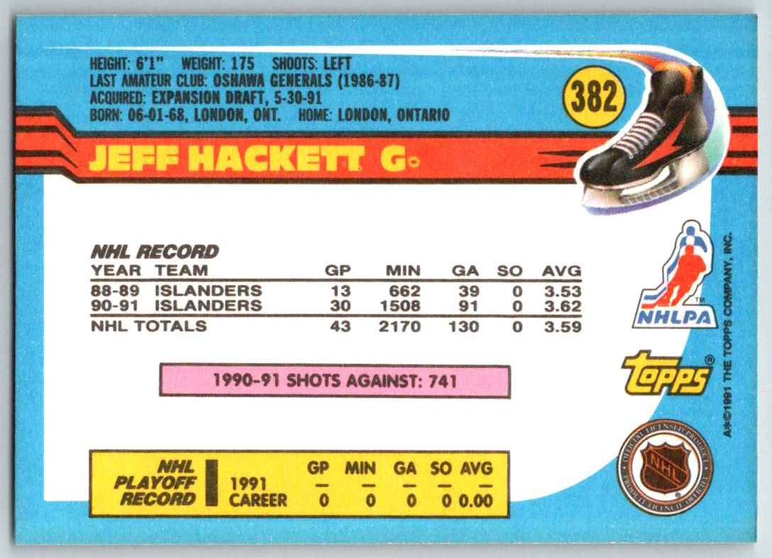 1991-92 Topps Jeff Hackett #382 card back image