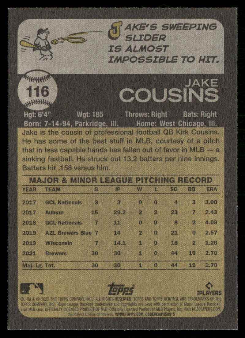 2022 Topps Heritage Jake Cousins #116 card back image