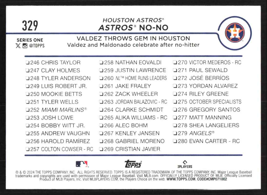 2024 Topps Framber Valdez / Martin Maldonado #329 card back image