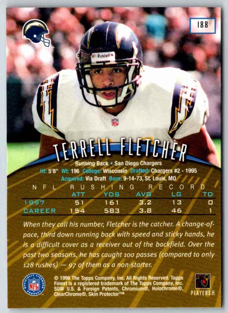 1998 Topps Finest Football Terrell Fletcher #188 card back image