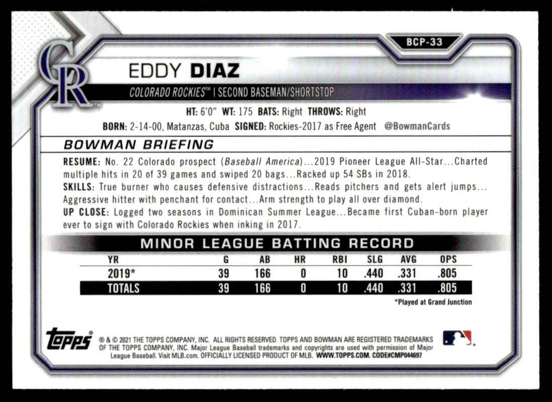 2021 Bowman Chrome Prospects Mojo Refractor Eddy Diaz #BCP-33 card back image