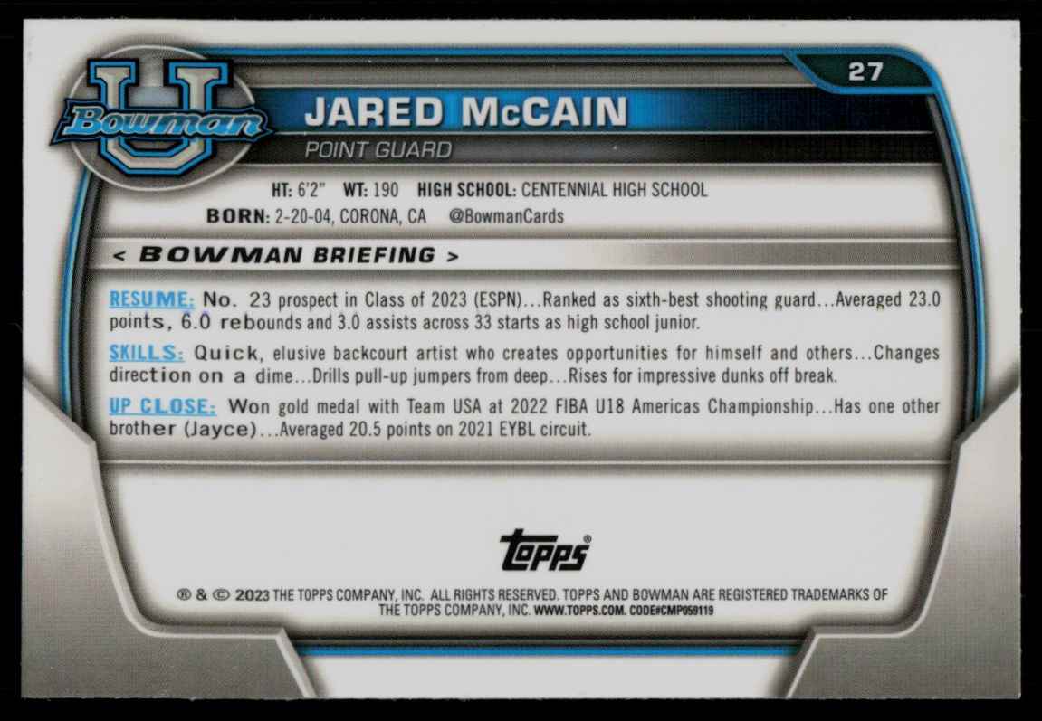 2022-23 Bowman University Chrome Jared McCain #27 card back image