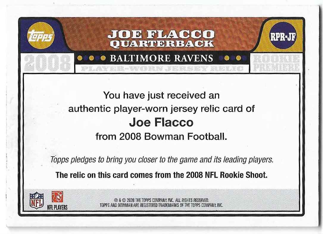 2008 Bowman Topps Rookie Premiere Relics Joe Flacco #RPR-JF card back image