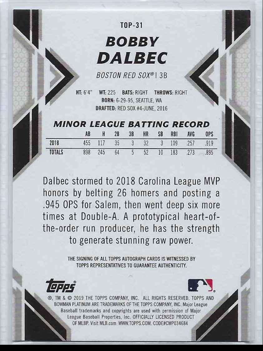 2019 Topps Bowman Platinum Bobby Dalbec #TOP-31 card back image
