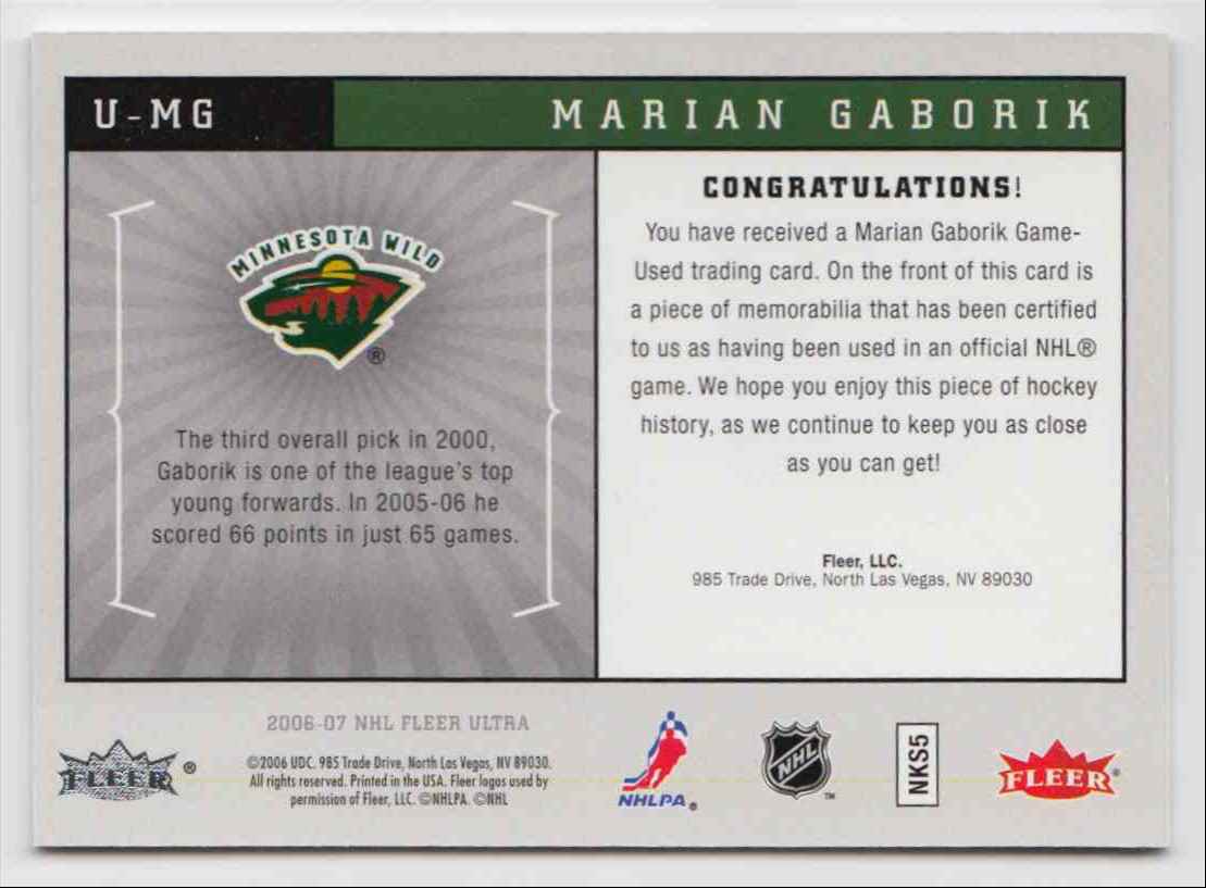 2006-07 Ultra Uniformity Jersey Marian Gaborik #U-MG card back image