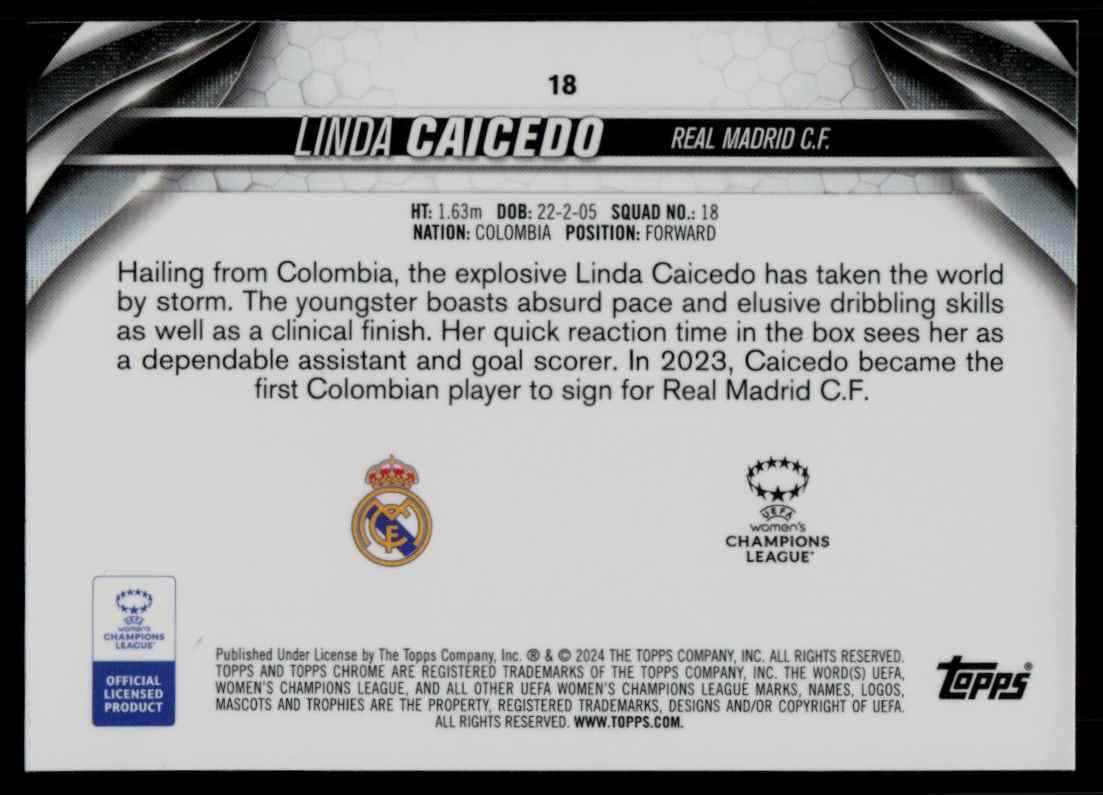 2023 Topps Chrome UEFA Womens Champions League Linda Caicedo #18 card back image