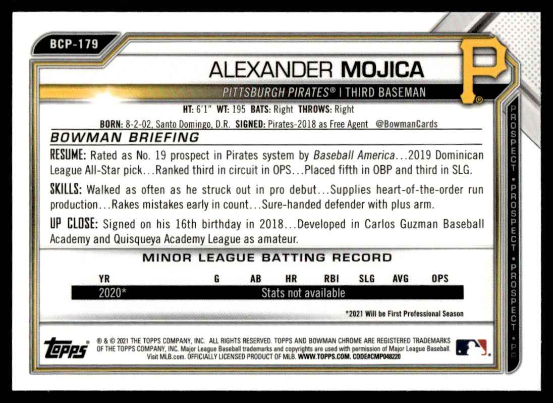 2021 Bowman Chrome Prospects Mojo Refractor Alexander Mojica #BCP-179 card back image
