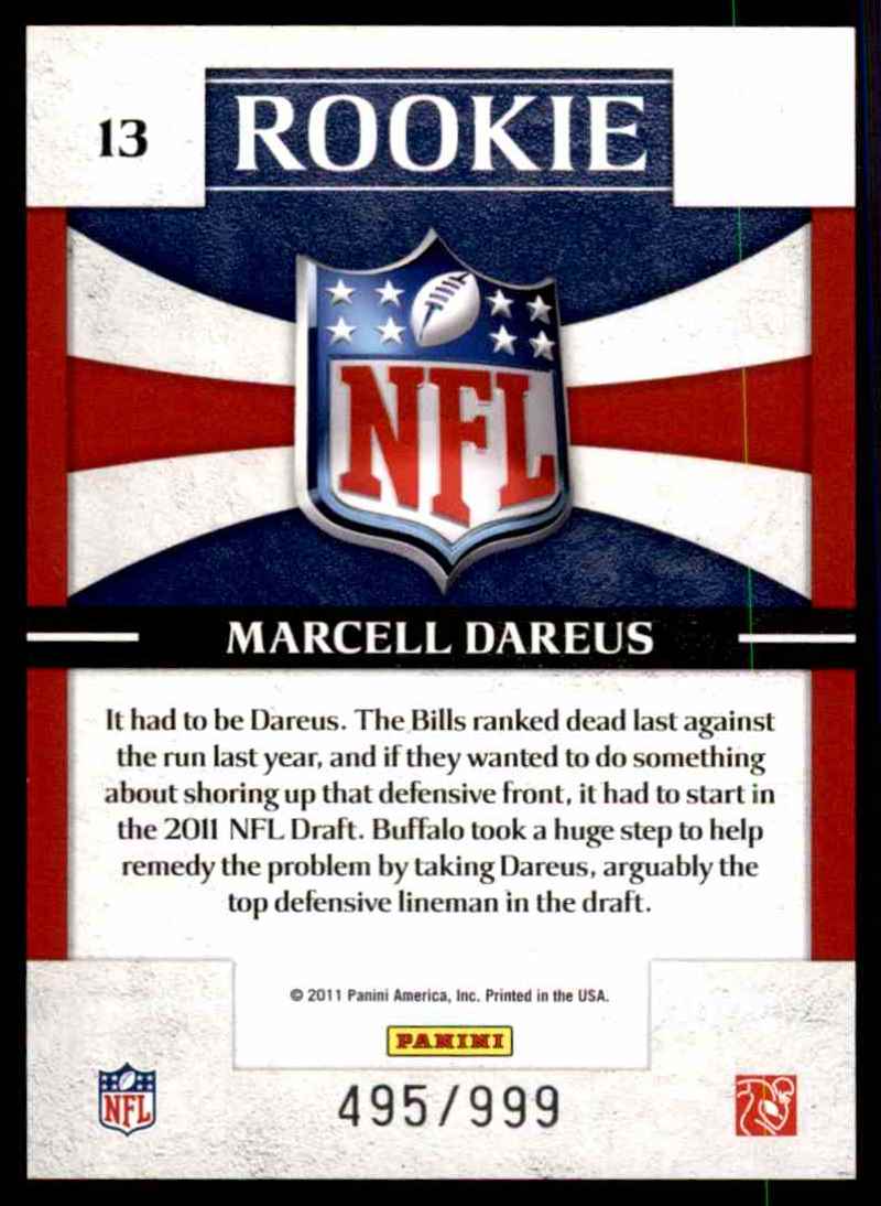2011 Donruss Elite Rookie NFL Shield Marcell Dareus #13 card back image
