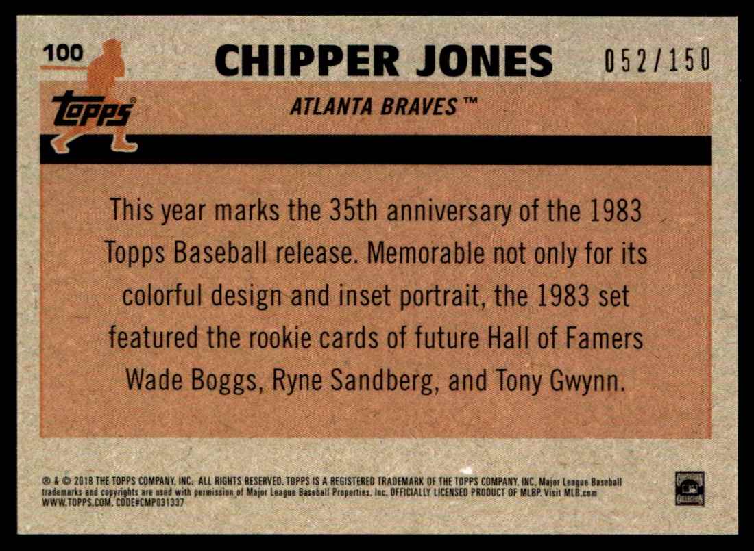 2018 Topps Silver Pack Blue Refractor Chipper Jones #100 card back image