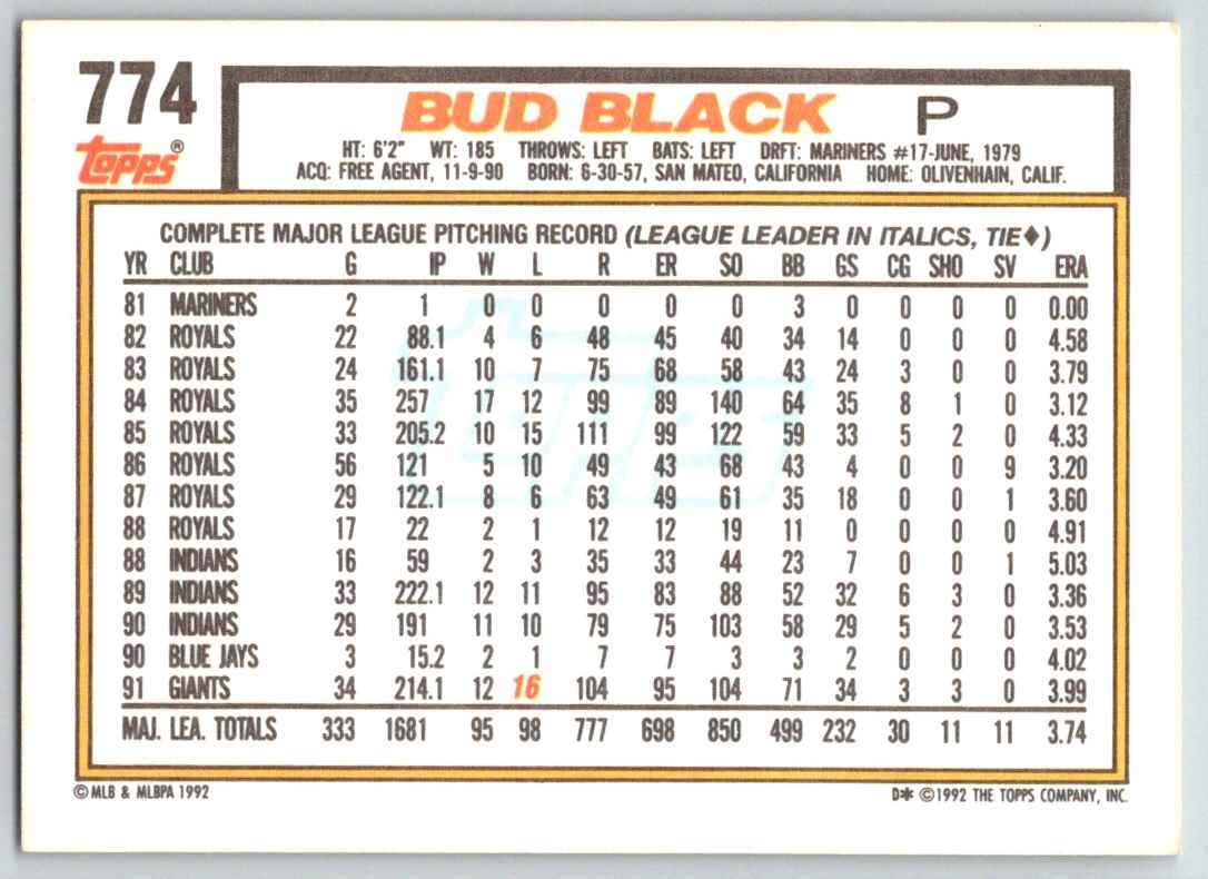 1992 Topps Bud Black #774 card back image