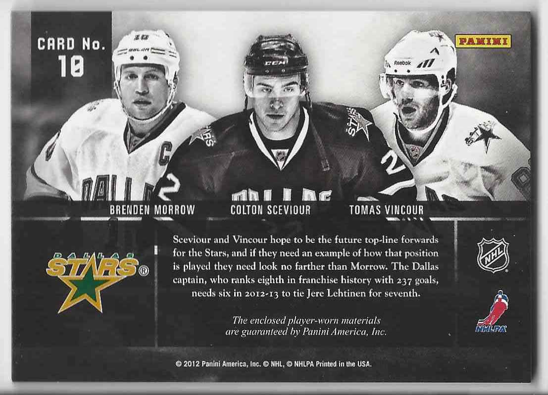 2011-12 Panini Prime Trios Jerseys Brenden Morrow Colton Sceviour Tomas Vincour #10 card back image