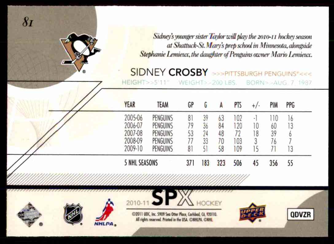 2010-11 Spx Sidney Crosby #81 card back image