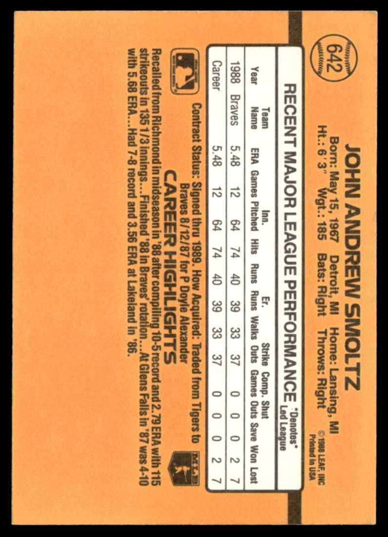 1989 Donruss John Smoltz #642 card back image