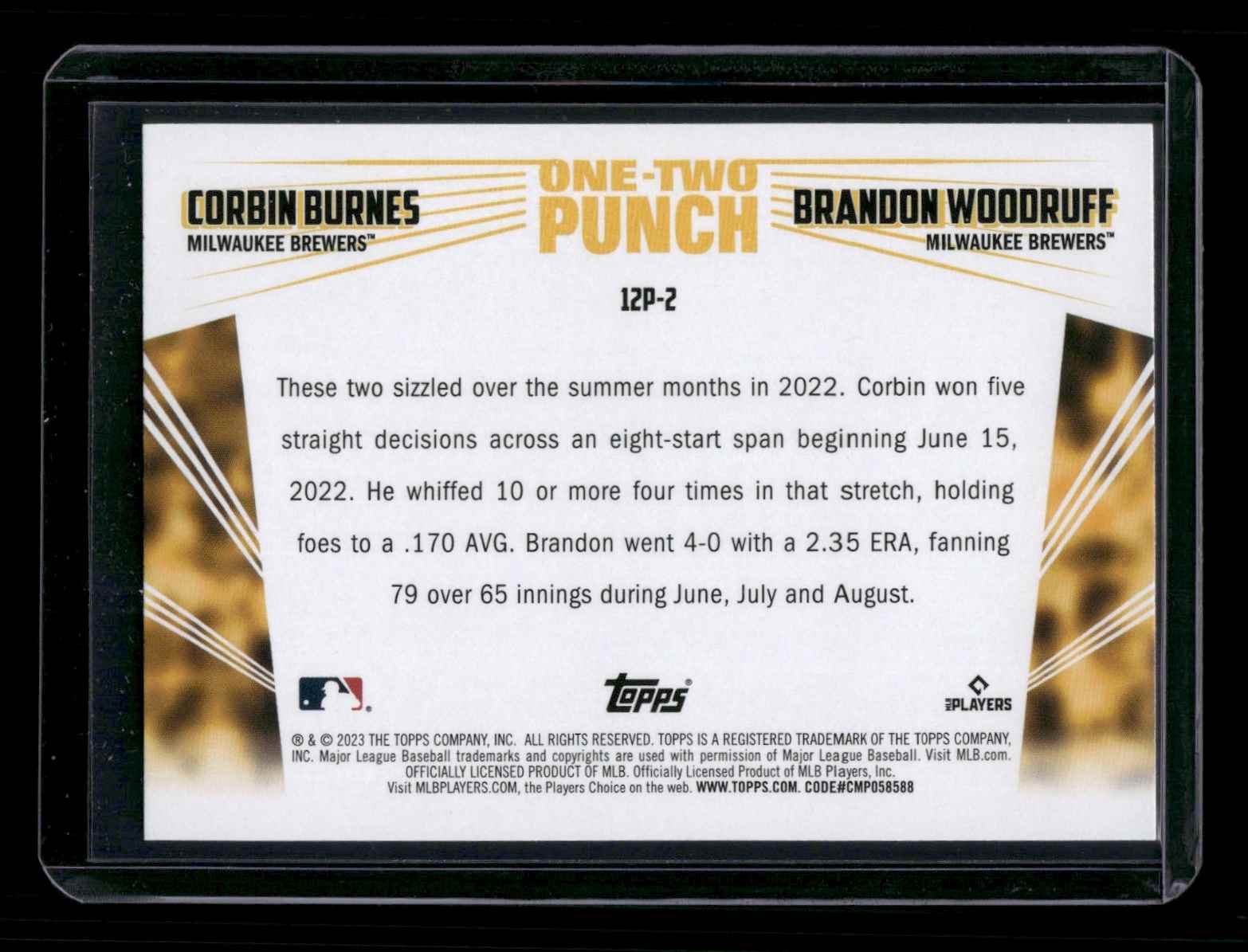 2023 Topps One-Two Punch Corbin Burnes / Brandon Woodruff #12P-2 card back image