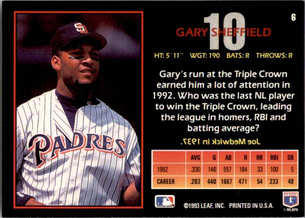 1993 Baseball Leaf Triple Play Gary Sheffield #6 card back image
