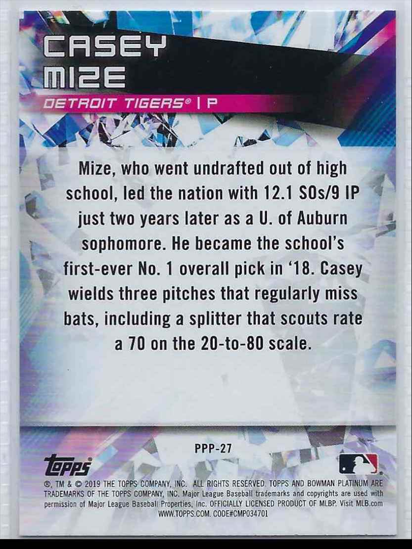 2019 Topps Bowman Platinum Casey Mize #PPP-27 card back image