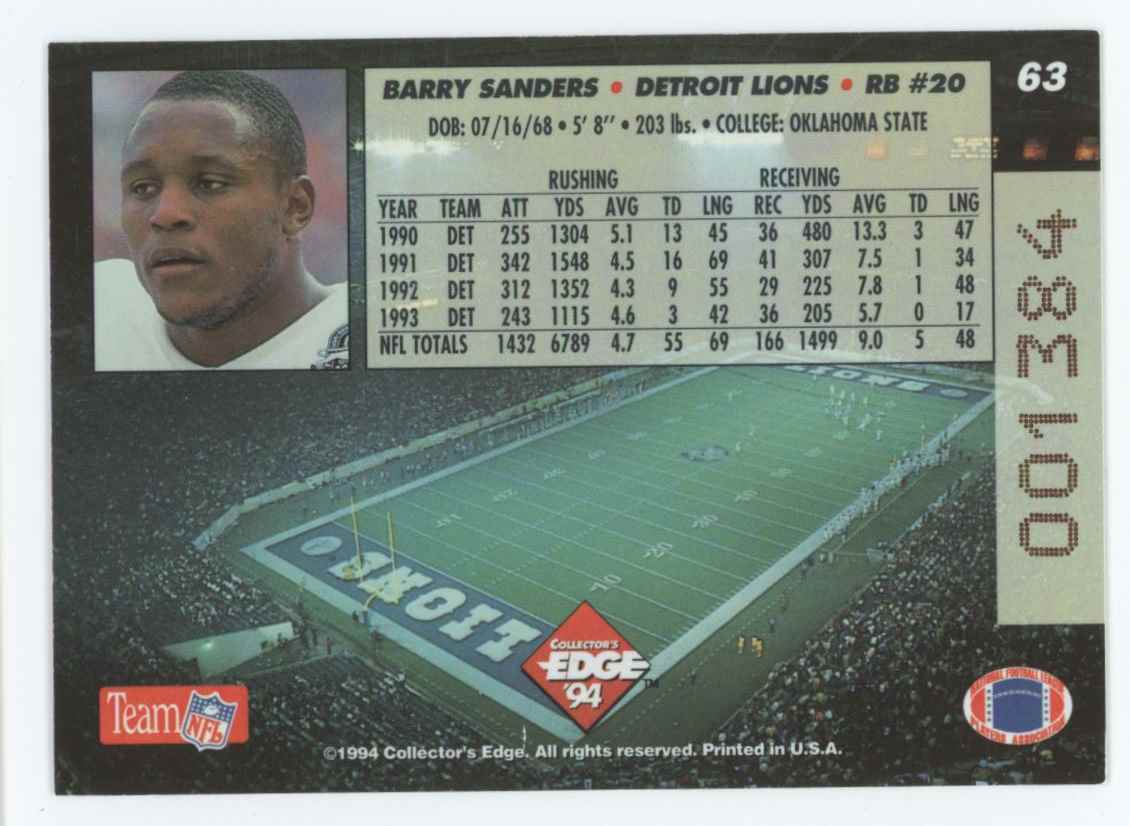 1994 Collector's Edge Pop Warner 22K Gold Barry Sanders #63 card back image